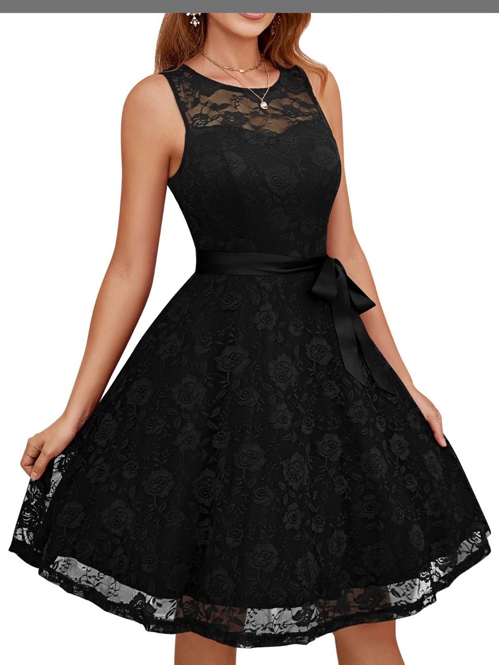 Elegant Black Lace Fit-and-Flare Dress.